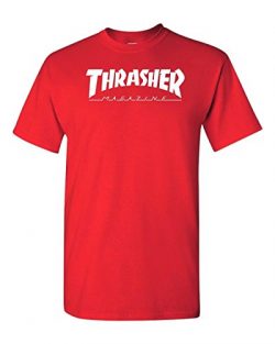 Thrasher T Shirt Short Sleeve Magazine Skateboarding T Shirt White Logo (3XL, Red)