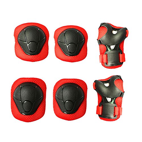 Kids Protective Pads MAXZOLA Knee Pads Elbow Pads Wrist Guards 3 In 1 Protective Gear Set (Red)