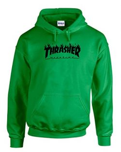 Thrasher Magazine | Skateboarding | Black Design | Mens Green Hooded Sweatshirt XLarge