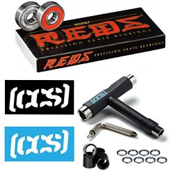 Bones Reds Skateboard/Longboard Bearings (8 packs W/Extras) (Reds W/CCS Skateboard Tool, Spacers ...