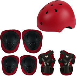 Herbalcandybox Kid’s Protective Gear Set with Wrist Guard Knee Pads Elbow Pads Helmet,Red