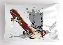 Teen Room Decor Pillow Sham by Ambesonne, Skateboard with Boy Feet in Sneakers and Jeans Illustr ...