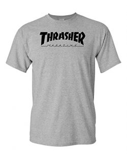 Thrasher T Shirt Short Sleeve Magazine Skateboarding T Shirt White Logo (M, Grey)