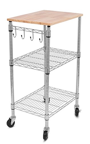 Internet’s Best 3-Tier Kitchen Cart with Locking Wheels, Removable Cutting Board, 4 Hooks ...