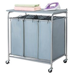 Marble Field 3-Bag Heavy-Duty Rolling Laundry Sorter Laundry Cart with Ironing Board Laundry Roo ...