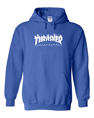Karma t shirts Thrasher Magazine | Skateboarding | White Design | Mens Blue Hooded Sweatshirt Large