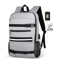 16” Skateboard Backpack Travel Anti Theft Laptop School Bag with USB Charging Port & H ...